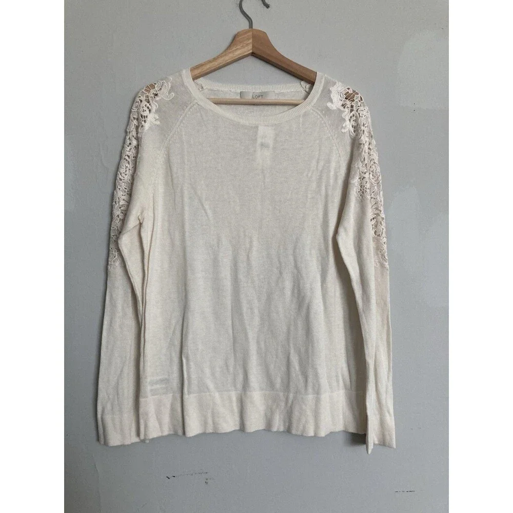 New LOFT Lace Appliqué Knit Sweater LARGE Ivory Long Sleeve